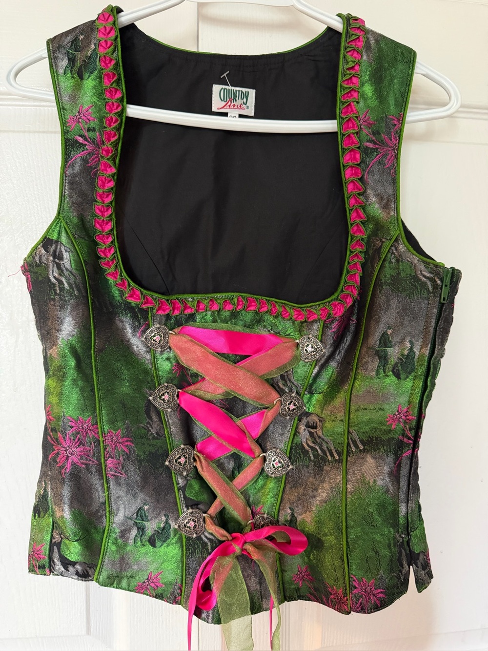 Vintage Country Line Floral Dirndl Style Corset Top - Alpine German Folk Vest
